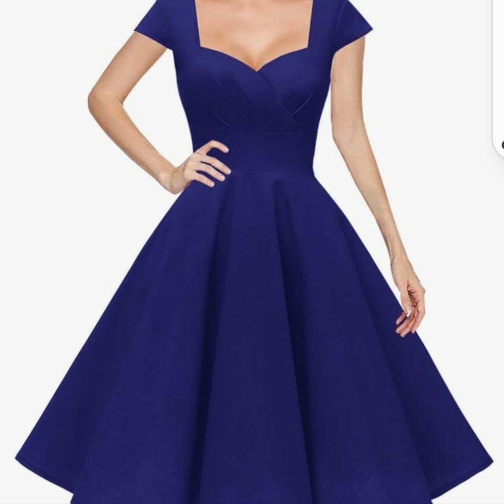 NWOT Hanpceirs Cap Sleeve 1950s Retro Cocktail Swing Dress, SZ MED, ROYAL BLUE